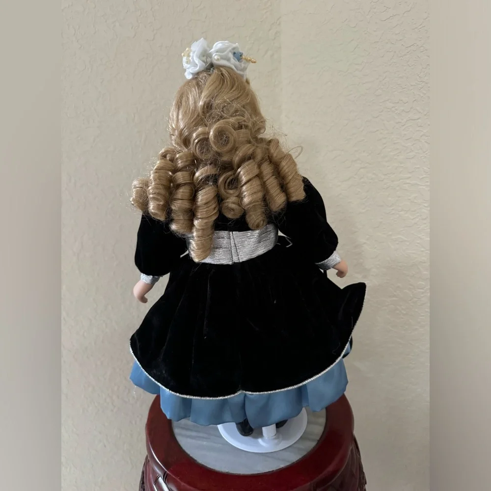 Standing Porcelain Victorian Doll with Stand, 17 inches Tall